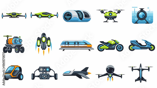 Futuristic Vehicles and Machines Illustration Set.
