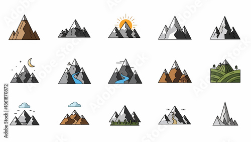 Mountain Icons Set with Various Weather Conditions.