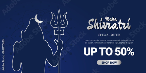 Shubh Maha Shivratri horizontal special offer banner with Shiva silhouette, moon, trishul. Vector illustration for Hindu sale, holiday promotion