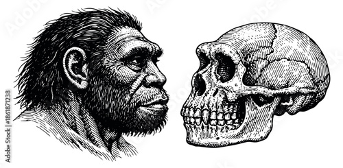 Engraved line art human evolution set featuring a neanderthal profile and an ancient hominid skull for scientific study