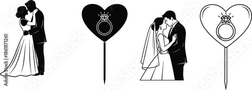Elegant Wedding Couple Silhouette and Heart Cake Topper Vector Set Featuring Romantic Bride Groom and Diamond Engagement Ring Design Illustrations