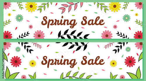 Spring sale floral banners with colorful flowers, leaves and falling petals