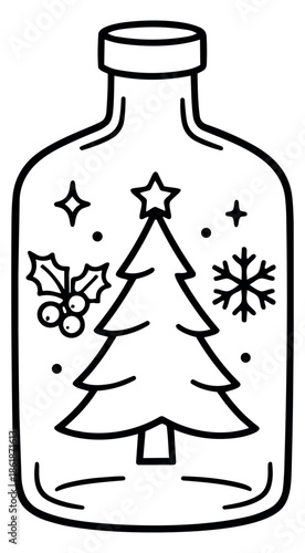 Hand drawn line art illustration of a christmas scene in a bottle depicting a festive winter wonderland for holiday designs and decorations