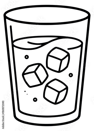 Hand drawn line art illustration of a glass with a cold drink depicting ice cubes for refreshment