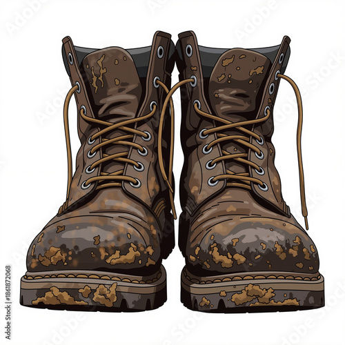 Brown work boots with mud stains 