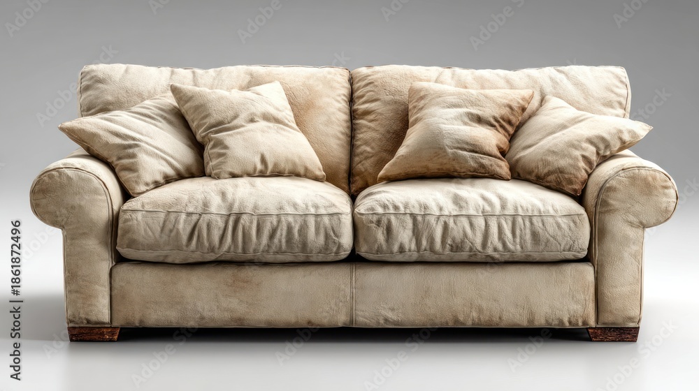 Obraz premium Comfortable beige sofa with cushions in a well-lit room.