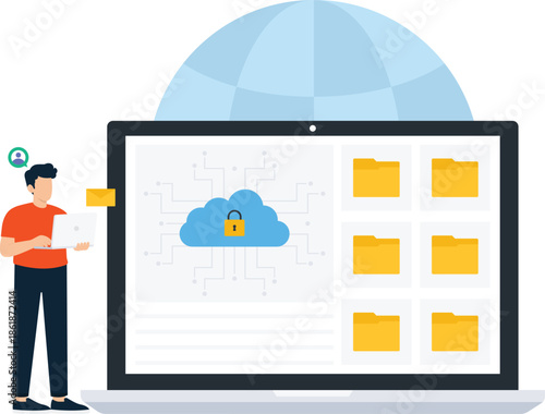 Cloud security data protection digital storage network safety flat design technology concept online access system management secure connection global network computer screen