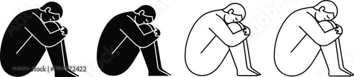 Sad Man Sitting in Fetal Position Loneliness and Depression Concept Illustration Set with Solid Black Silhouette and Minimal Line Art