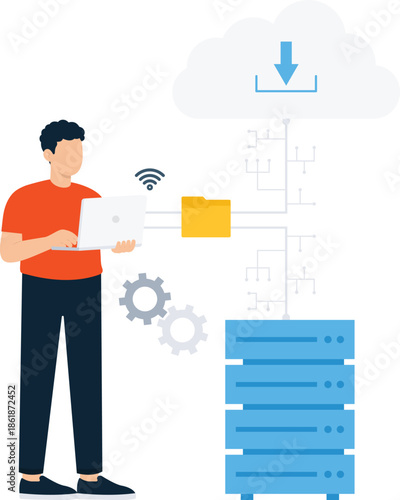 Man managing cloud computing data storage server network digital technology system administration internet connection information security data transfer IT support software development web hosting