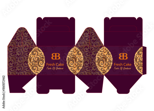 Product Packaging cake Box Bag. Hand reaching for pre packaged cake slice in vending machine Chocolate. Idea for pastry shop branding, cafe menus, and confectionery packaging. Chocolate cake