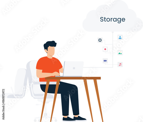 Young man working accessing cloud storage services managing digital files online data using laptop computer modern technology business concept remote work