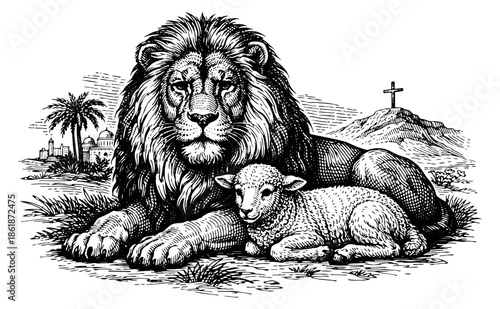 Hand drawn line art illustration of a lion and a lamb depicting peace and religious symbolism for spiritual and biblical themes