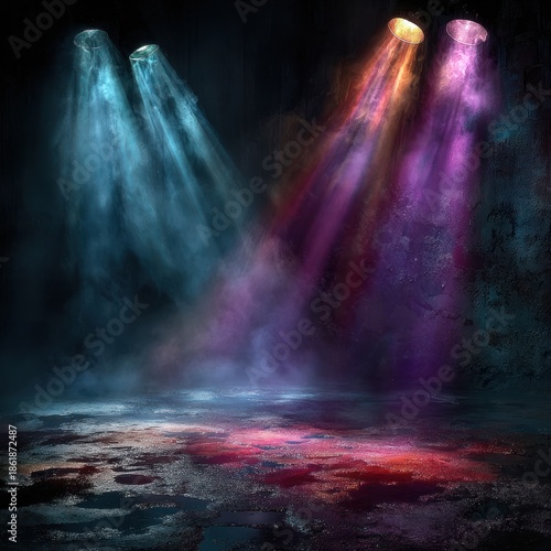 Wallpaper Mural Colorful Stage Spotlights Illuminating a Dark, Smoky Background with Textured Floor. Torontodigital.ca