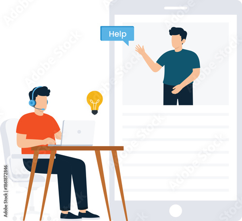 Customer service agent wearing headset providing online technical support during virtual video conference call remote work digital communication help desk flat design