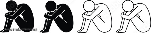 Set of four minimalist vector icons featuring a person sitting in a fetal position symbolizing depression, loneliness, and mental health. (20 words)