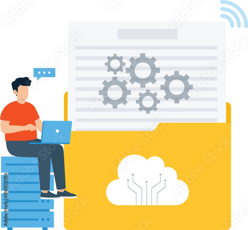Man working laptop computer data management cloud computing system settings server rack digital technology file folder IT support wireless connection