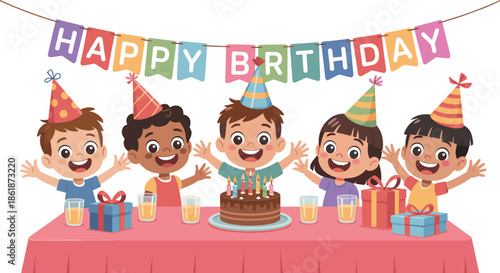 Vibrant cartoon illustration featuring a group of happy children in party hats celebrating around a birthday cake with a colorful banner.