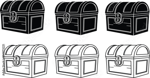 Treasure chest vector set with black silhouette and outline icon styles for gaming interface reward design and pirate adventure graphics