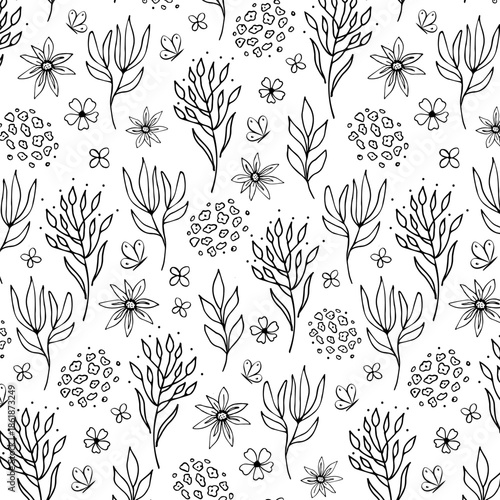 Delicate black line art seamless pattern with wildflowers twigs leaves buds forming elegant botanical design perfect for wedding invitations stationery textile wallpaper scrapbooking minimalist floral