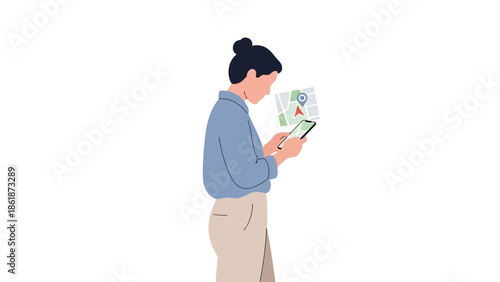 A woman stands alone examining a map while holding a device in a serene environment from a side viewpoint.