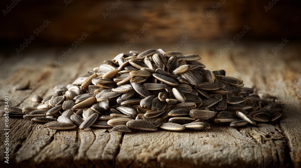 Obraz premium A pile of sunflower seeds on a rustic wooden surface with a dark background