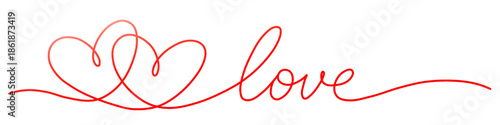 Red continuous line illustration with two hearts and handwritten love lettering, isolated on white background. Romantic and elegant design for Valentine’s Day, weddings, invitations, and love concepts