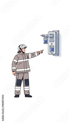 Firefighter in uniform pointing at fire alarm.