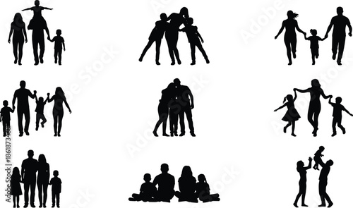 Set of black family silhouettes with parents and children running playing and sitting together diverse group isolated on white background,