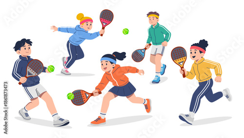 Energetic Group of Friends Playing Paddle Tennis Game Illustration Isolated on White Background