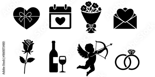 Set of romantic love icons in black silhouette style, isolated on white background. Includes heart gift, calendar, flowers, envelope, rings, cupid, wine and rose symbols for Valentine’s Day.