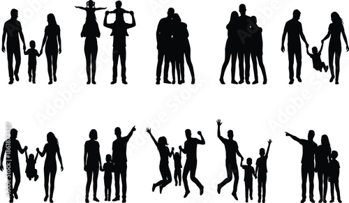 Set of black family silhouettes with parents and children playing jumping walking and standing together diverse group isolated on white,