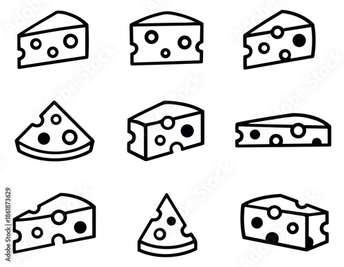 Hand drawn line art cheese icons set featuring various cheese wedge shapes for food and dairy related designs