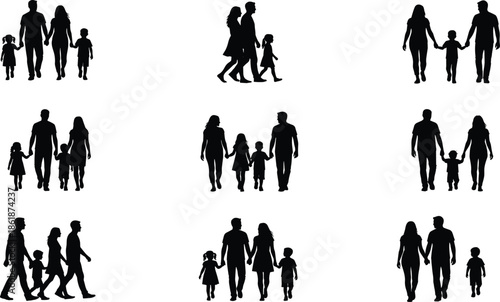 Set of black family silhouettes with parents and children walking holding hands and standing together diverse group isolated on white,