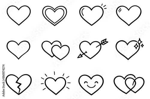 Hand drawn heart icons set featuring various expressions and states for love and romance designs