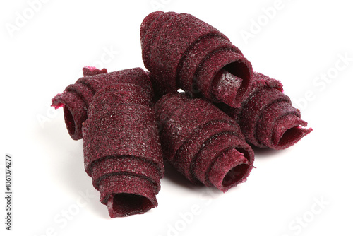Dark Red Berry Fruit Leather Rolls Isolated on White Background