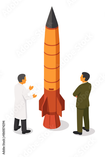 Two businessmen discussing rocket launch strategy in modern office