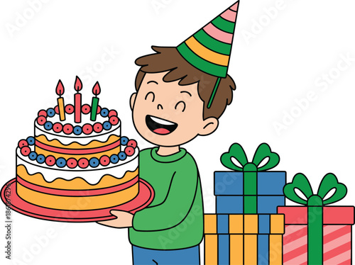 Vibrant flat graphic design featuring a smiling child with colorful gift boxes used for illustrating birthday celebration invitations and specialized youth event services