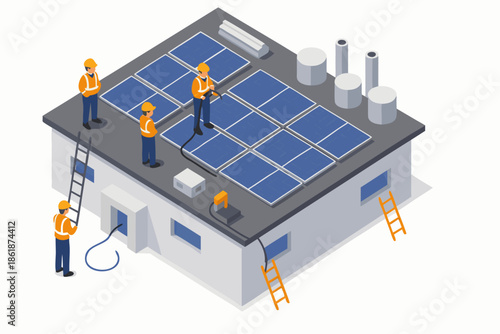 Workers installing solar panels on industrial building rooftop