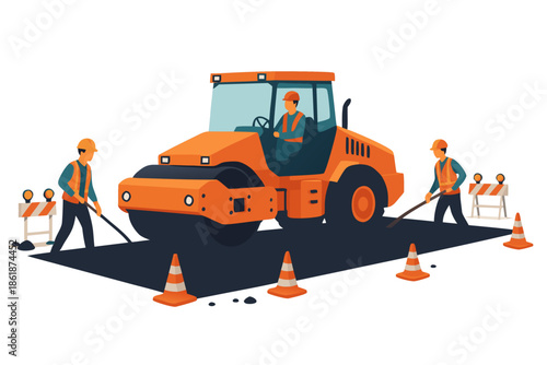 Road construction workers paving asphalt with roller
