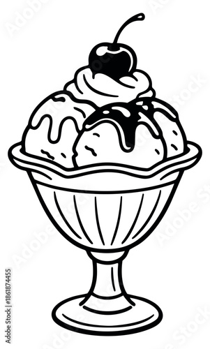 Line art illustration of an ice cream sundae depicting a sweet treat for a dessert menu