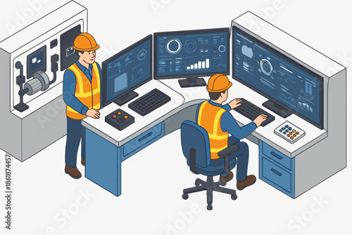 Two industrial workers operating advanced control systems in modern factory