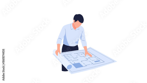 A man examining a large blueprint on a white background