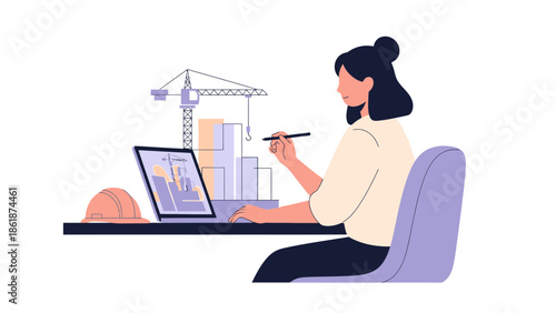 Woman designing building plans on laptop with stylus in office environment