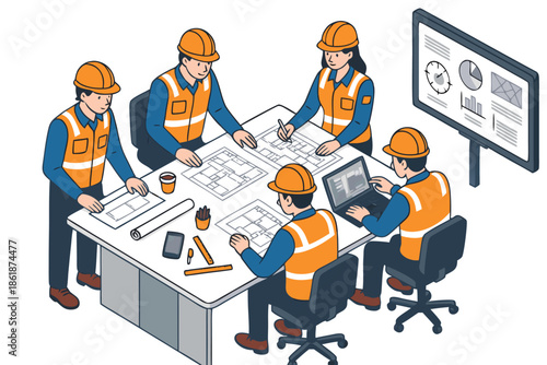 Team of engineers working on construction project with blueprints