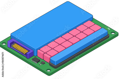 Electronic circuit board with blue and pink components