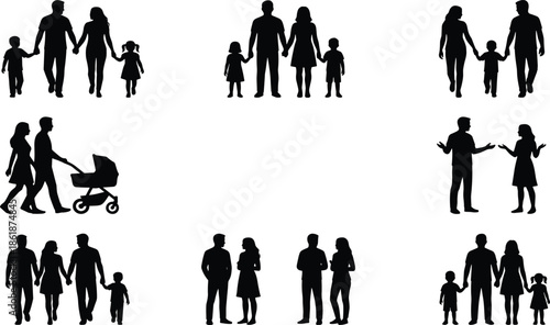 Set of black family silhouettes with parents and children walking holding hands pushing stroller and talking diverse group isolated white,