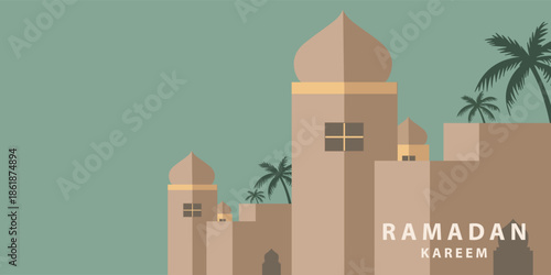 Ramadan Kareem window and mosque backgrounds. Eid mubarak or Modern Islamic greeting cards, Poster and social media banner template with geometric pattern overlay effect in trendy warming brown colors