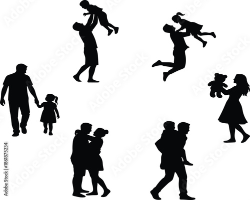 Set of black family silhouettes with parents lifting children walking together hugging and father giving piggyback ride isolated on white,