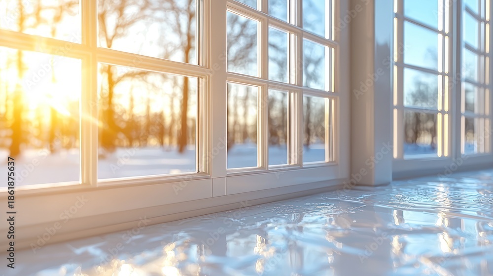 Fototapeta premium Winter sunset view from large window, snowy landscape, bright interior, home design