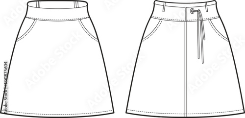 White drawstring a line skirt front and back view vector illustration mockup for women fashion apparel design templates